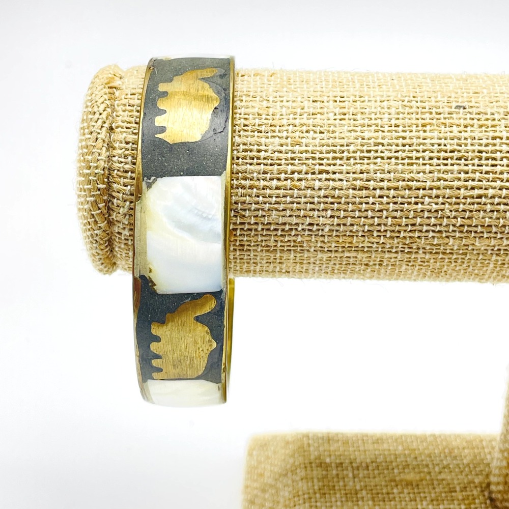 Vintage Gold Tone Black White Enamel Elephant Bangle Bracelet Statement